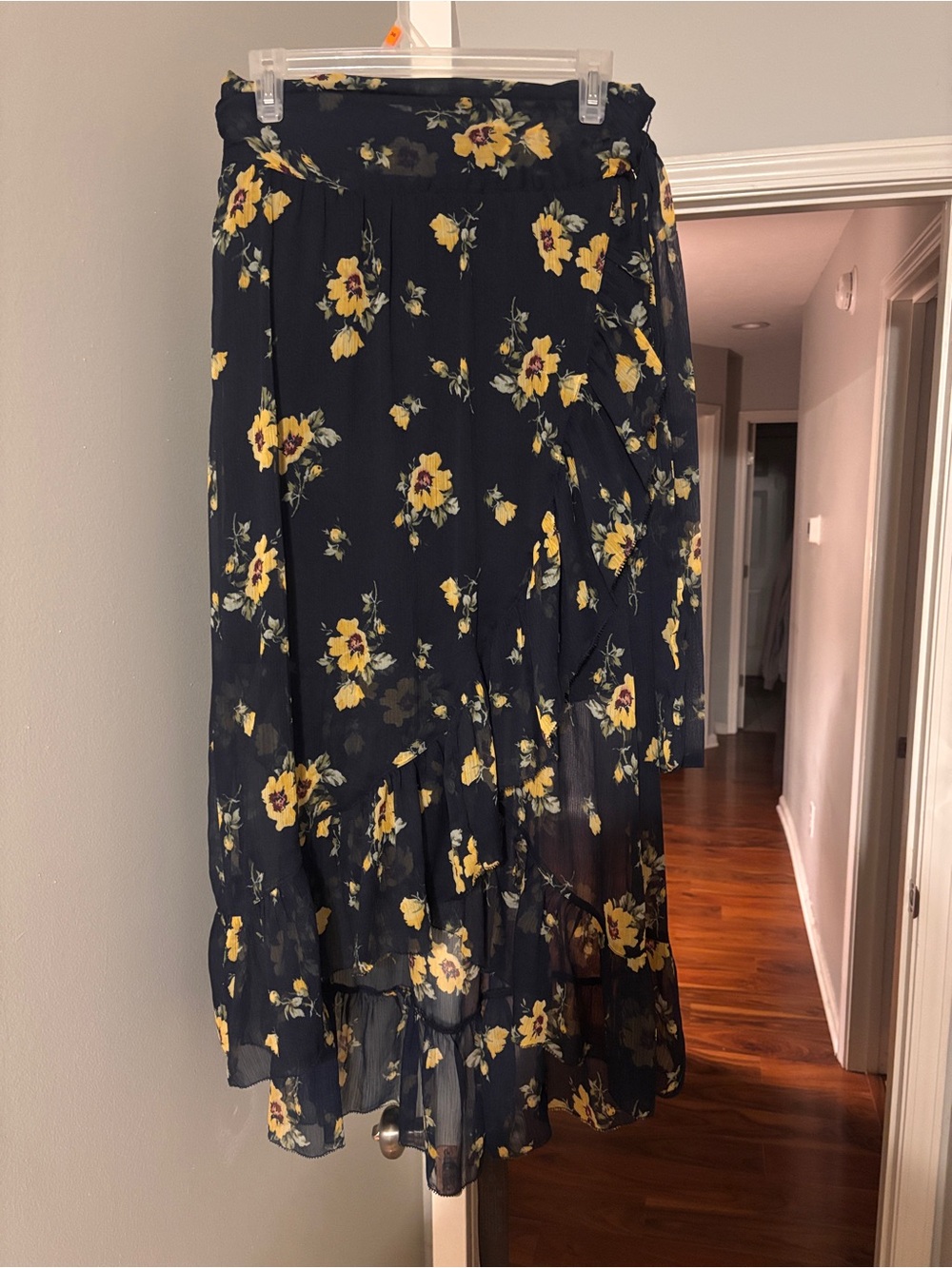 Women's Navy Floral Tiered Wrap Midi Skirt - Yellow Flower Print